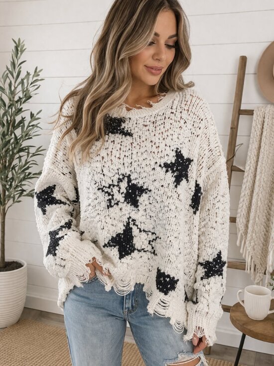 POL Sweaters - POL Cream Black Star Sweater L | Popcorn Knit Oversized Distressed Cozy Knit